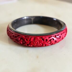 BJ Cinnabar Sterling Silver Bangle Bracelet Carved Red Tea Floral 925 Signed